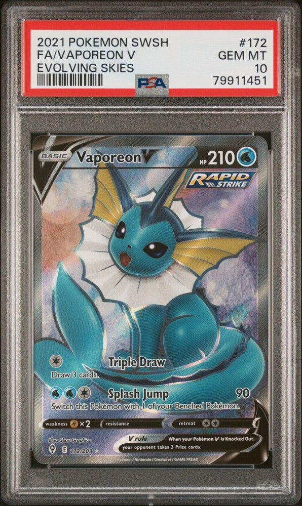 Pokemon Evolving Skies - VAPOREON V FULL ART - 172/203 - PSA 10 GEM MINT