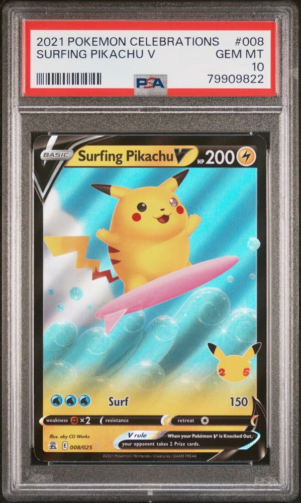 Pokémon TCG Surfing Pikachu V Celebrations 008/025 Holo Ultra Rare PSA 10