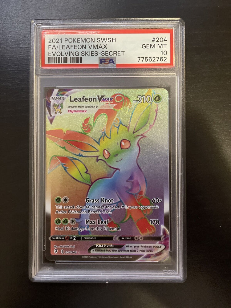 PSA 10  2021 Pokemon Evolving Skies LEAFEON VMAX Rainbow Secret Rare #204/203